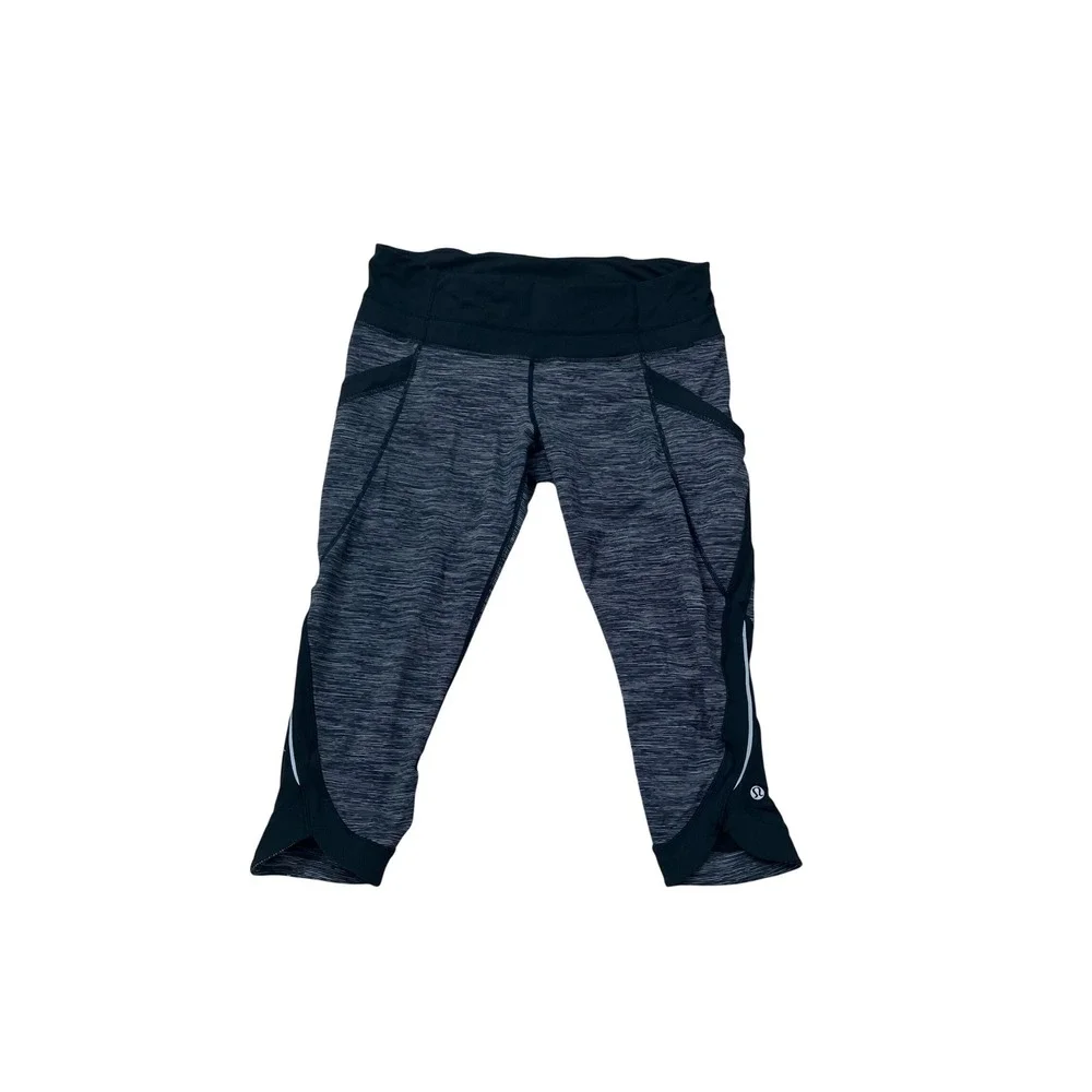 Lululemon Wunder Under Crop Leggings Black Grey Heathered Zip Pocket Size 10‎